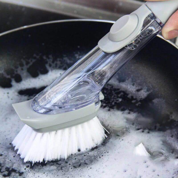 1 main brosse de nettoyage pour cuisine 2 en 1 avec eponge et reservoir a produit a long manche embouts interchangeables instrument menager outil pour la vaisselle