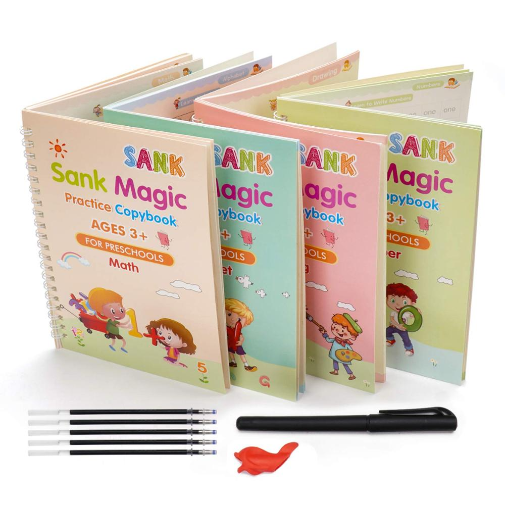 4 Books + Pen Magic Copy Book Free Wiping Children’s kids Writing Sticker Practice English Copybook For Calligraphy Montessori