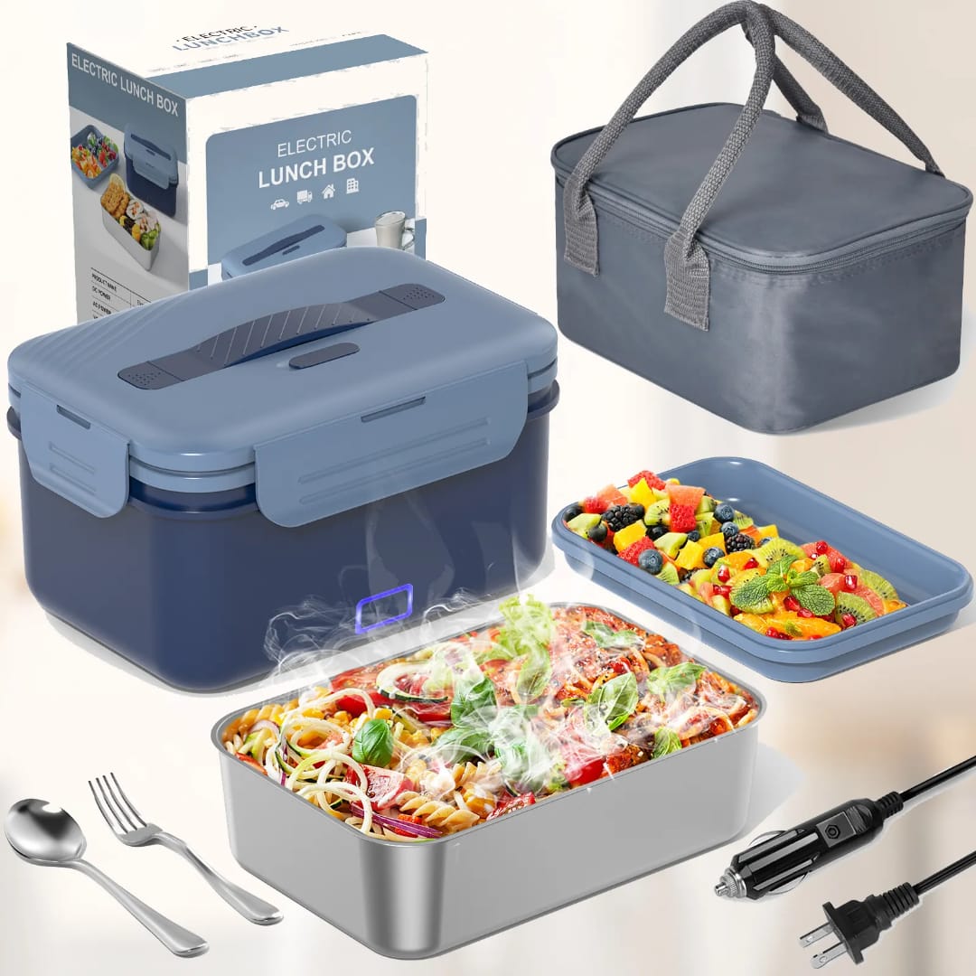 1.8L Portable Upgraded Heated Lunch Box for Truck/Car/Office/Home,with 0.7L Compartment Fork & Spoon and Insulated Carry Bag
